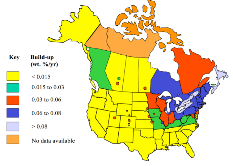 Canada and USA: Surface chloride build-up rate in concrete structures.